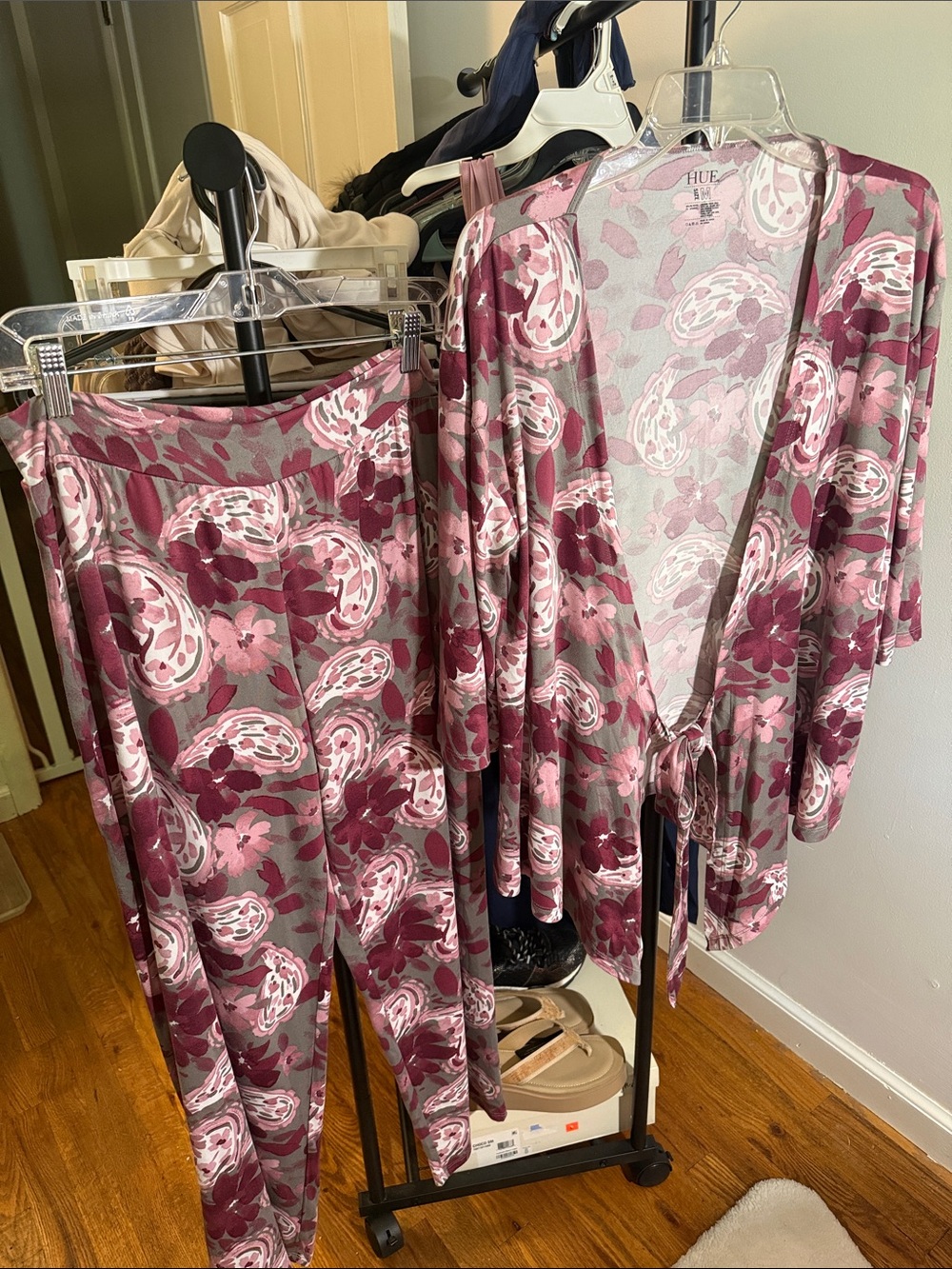 HUE Rose & Mauve Floral Wrap Top and Pants Lounge Set